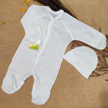 Летний ажурный слип с шапочкой для новорожденных молочный