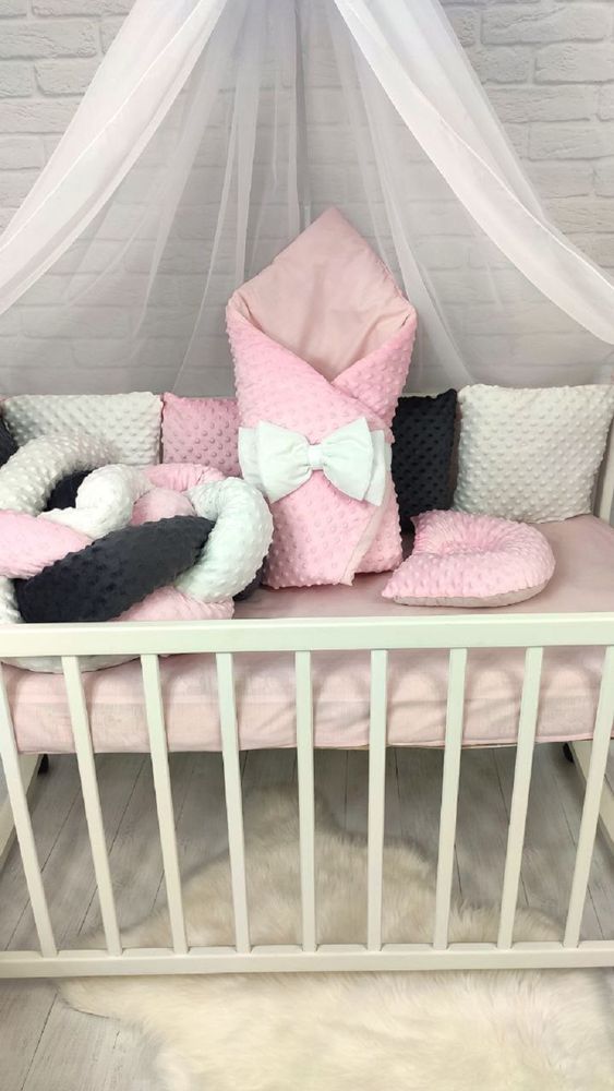 Постільний комплект в ліжечко з балдахіном рожевий мінки, с балдахіном