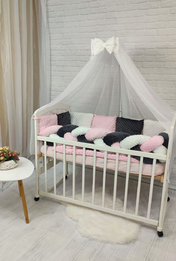 Детский постельный набор в кроватку для новорожденных с балдахином и бортиками Минки + бортики коса розовый