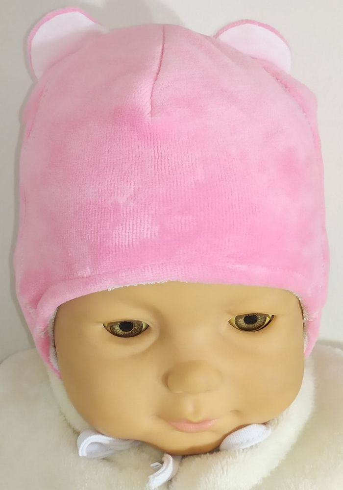Теплая шапочка на синтепоне с хлопковой подкладке для новорожденных Baby розовая
