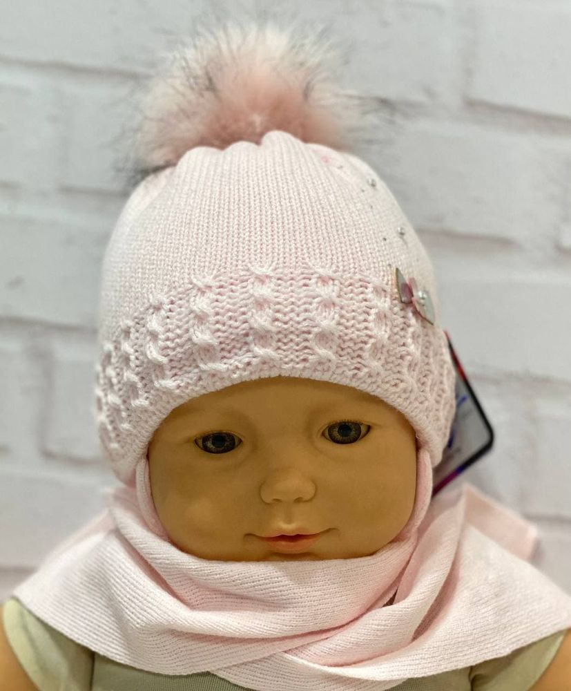 Дитяча в'язана шапка + шарф Перлина в Квіточці на термоутеплювачі, обхват голови 38 - 40 см, В'язане полотно