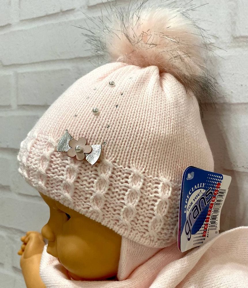 Детская вязанная шапка + шарф Перлина в Квіточці на термоутеплителе, обхват головы 38 - 40 см, Вязаное полотно