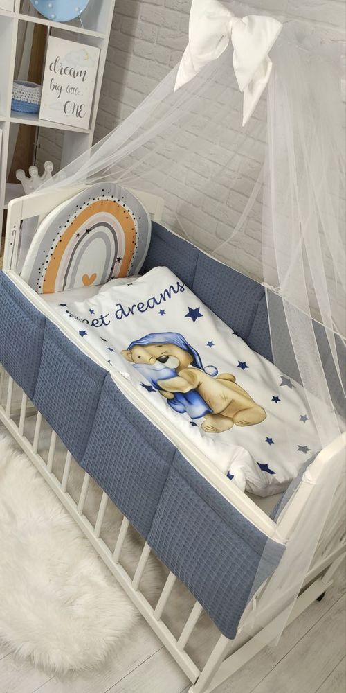 Комплект в дитяче ліжечко з балдахіном Вафелька Ведмедик на подушці, с балдахіном