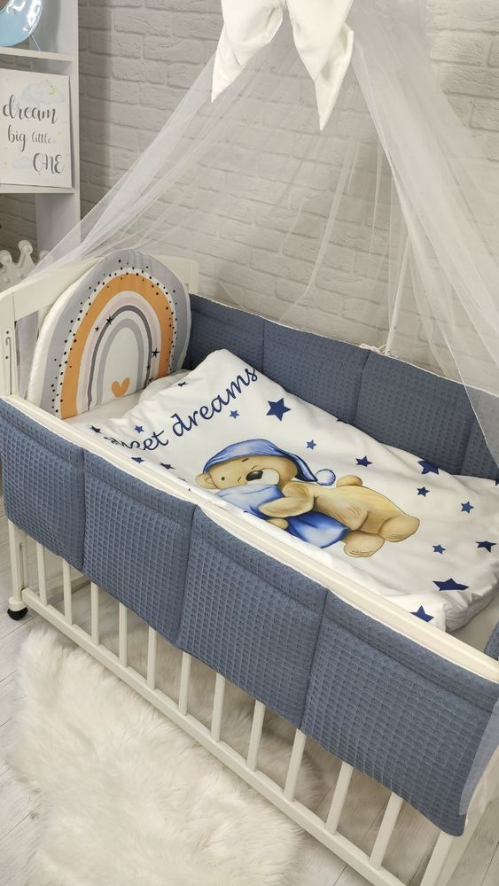 Комплект в дитяче ліжечко з балдахіном Вафелька Ведмедик на подушці, с балдахіном