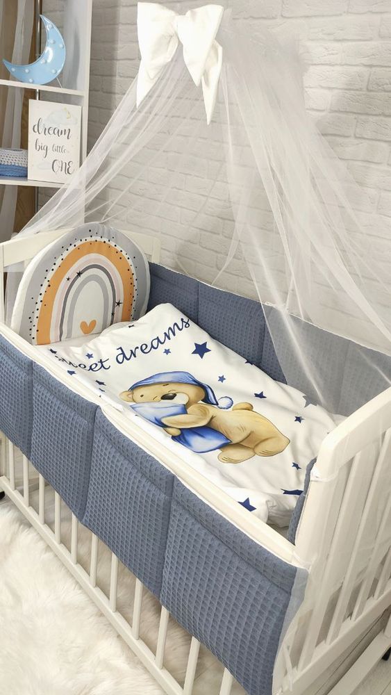 Комплект в детскую кроватку с балдахином Вафелька Мишка на подушке, с балдахином