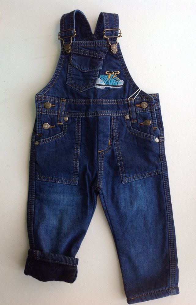 Детский джинсовый полукомбинезон на флисе пк118, 80, Джинс
