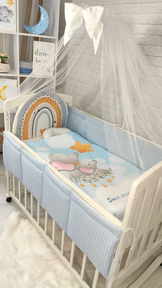 Комплект в детскую кроватку с балдахином Вафелька Слоник, с балдахином