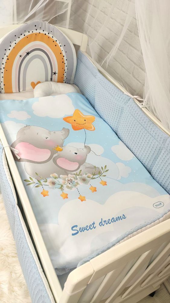 Комплект в дитяче ліжечко з балдахіном Вафелька Слоник, с балдахіном