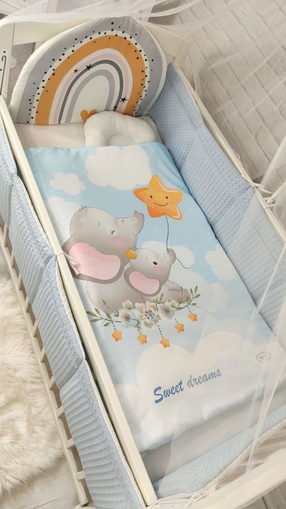 Комплект в дитяче ліжечко з балдахіном Вафелька Слоник, с балдахіном