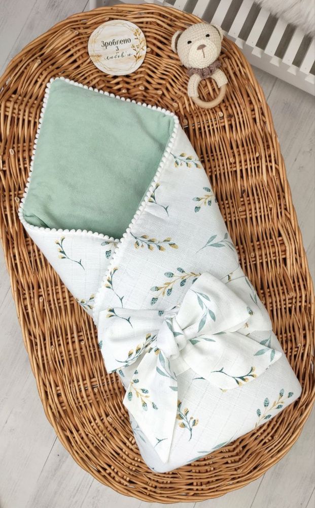 Конверт-одеяло на выписку с роддома муслин с велюром Mint, Весна-Лето, силикон