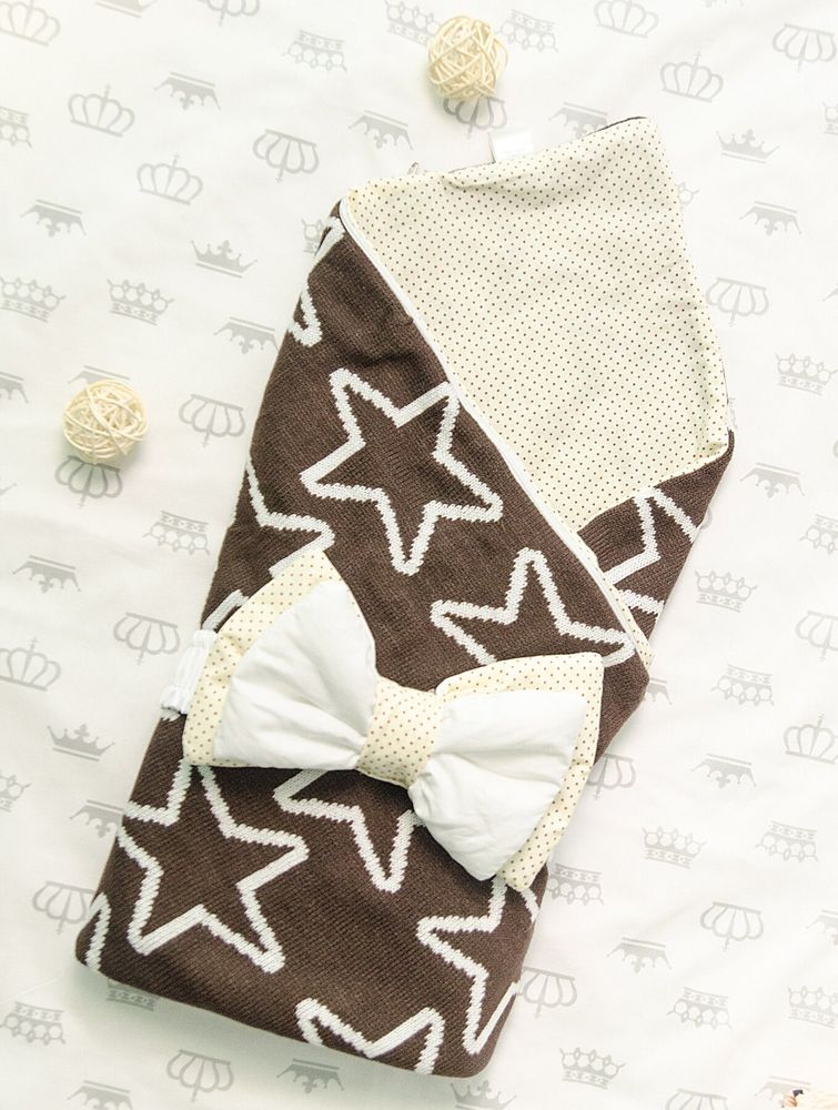 Конверт - одеяло Вязаные Звезды с бязью коричневый