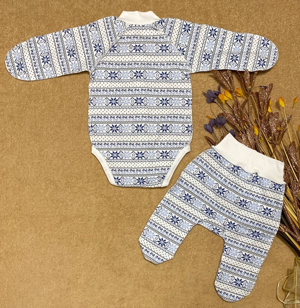 Теплий костюмчик для новонароджених Скандинавія блакитний орнамент, 56, Фланель, байка, Костюм, комплект