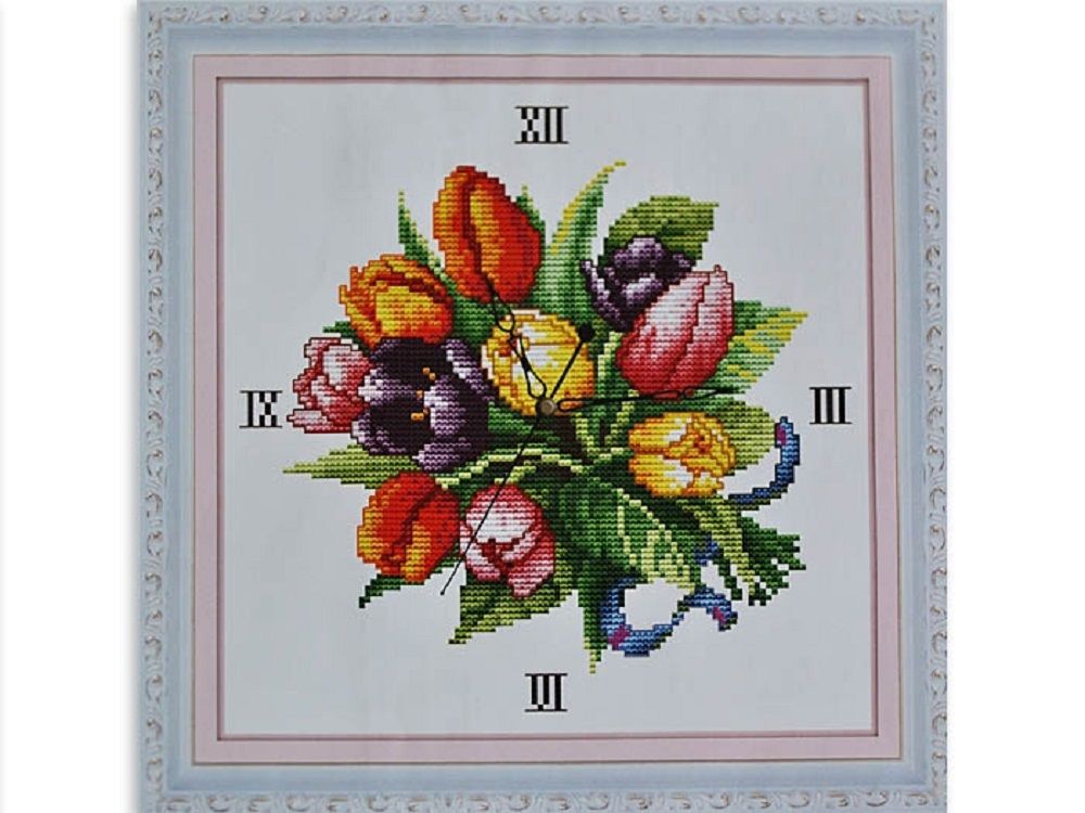 Набори для вишивання хрестом з малюнком на канві 32х32 Годинник тюльпани