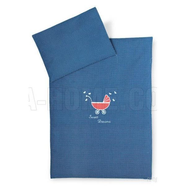 Постельное белье в коляску с вышивкой СЛАДКИЕ МЕЧТЫ горох синий фото, цена, описание