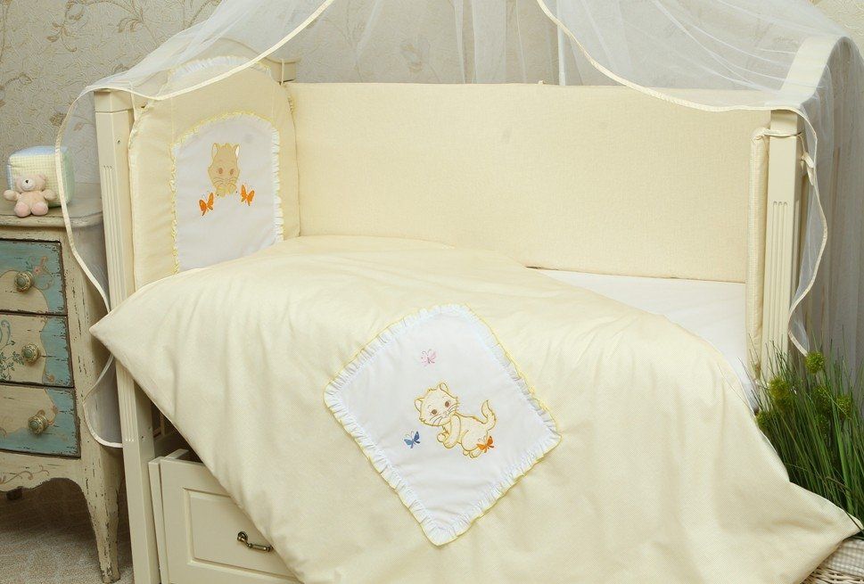 Детский спальный комплект в кроватку КОТИК 7 предметов, без балдахина