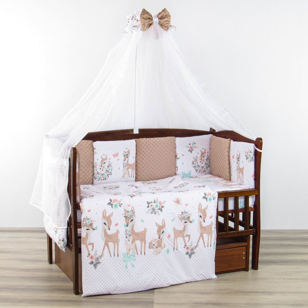 Большой детский спальный комплект в кроватку для новорожденных (120х60) Олененок плюш из 11 элементов.