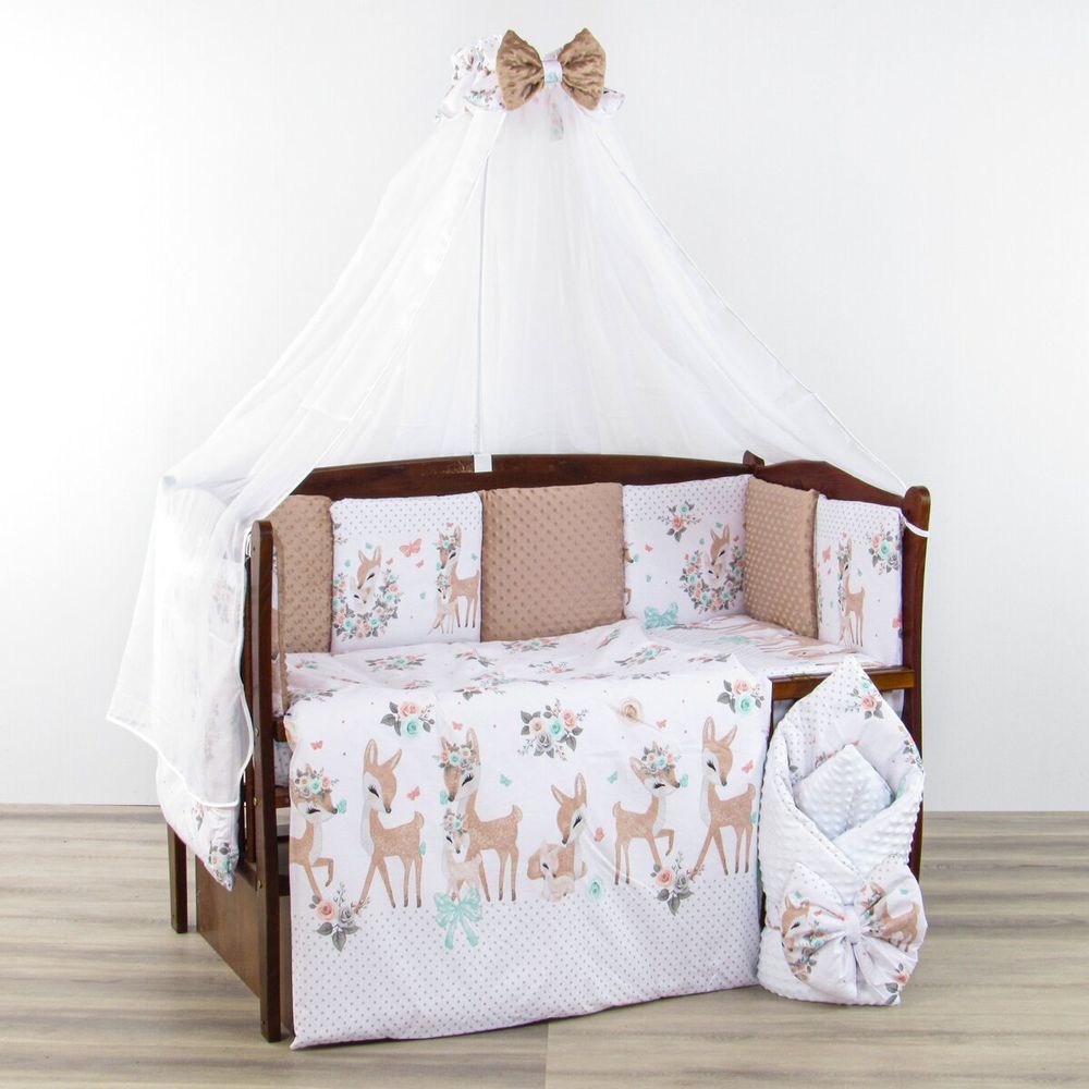 Великий дитячий спальний комплект в ліжечко для новонароджених (120х60) Оленя плюш з 11 елементів.