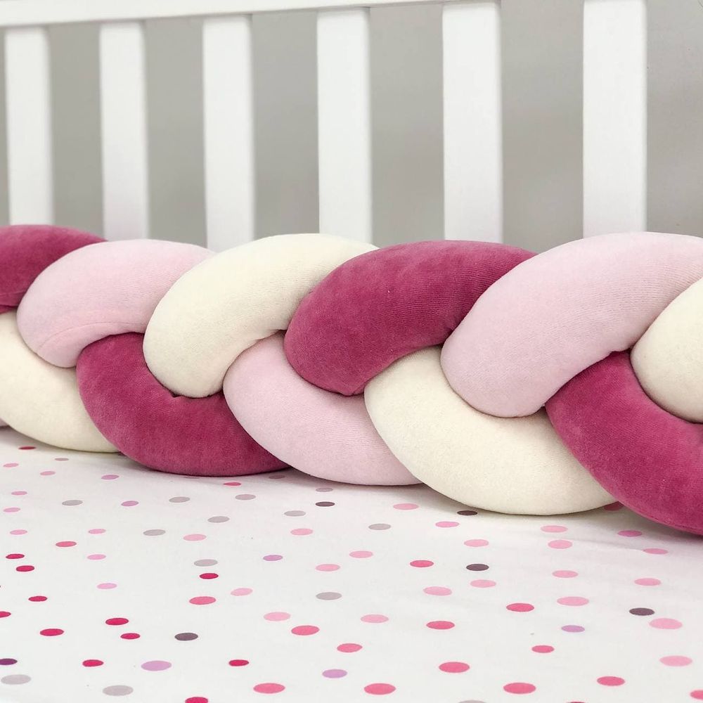 Бортик захист коса для дитячого ліжечка молочний рожевий бордо, бортики без постілі, Довжина коси 2.2 м