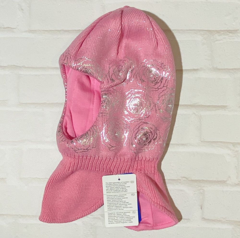 Зимняя шапка-шлем СЕРЕБРИСТЫЕ РОЗЫ-1 для девочки, обхват головы 46 - 48 см, Вязаное полотно, Шапка
