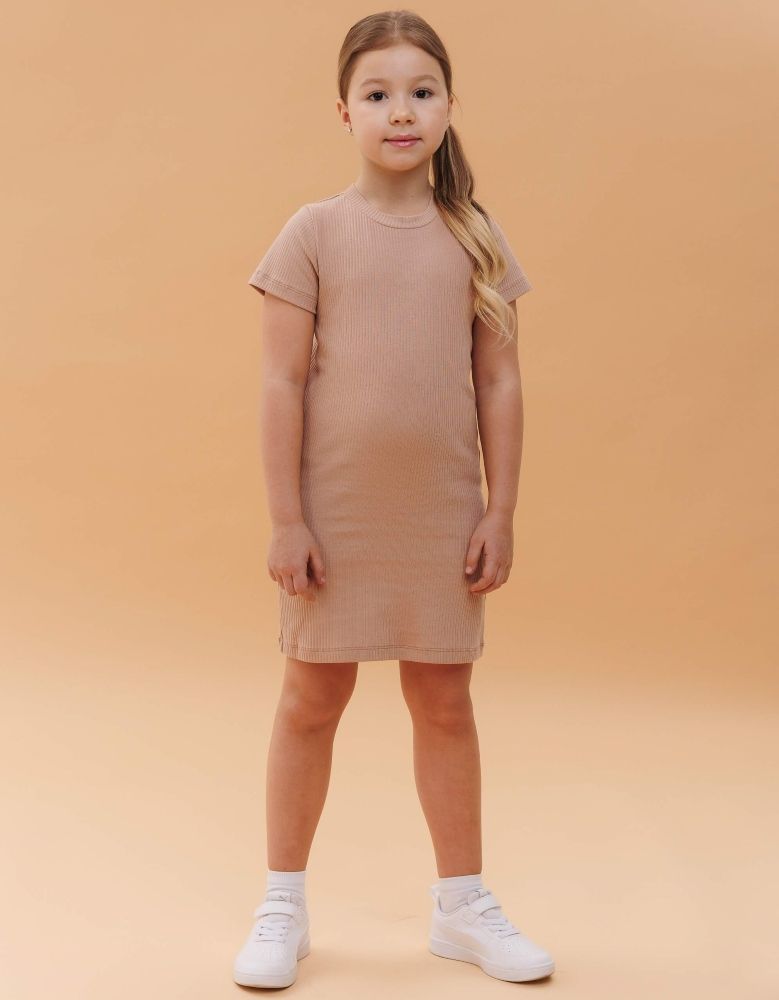 Детское платье Бежевый Рубчик для девочки , 128, Трикотаж