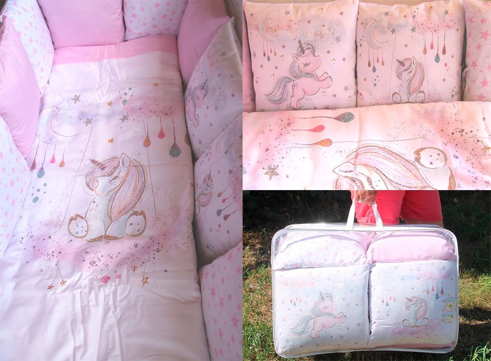 Постільний набір в ліжечко Greta Lux Единорожка рожевий сатин - еліт