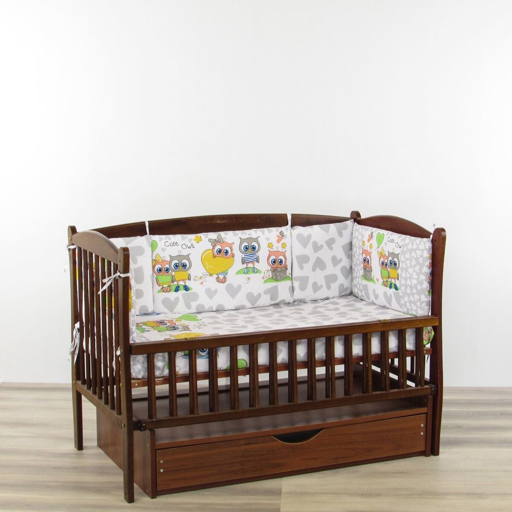 Великий дитячий спальний комплект в ліжечко для новонароджених (120х60) Сови сірі з 11 елементів.