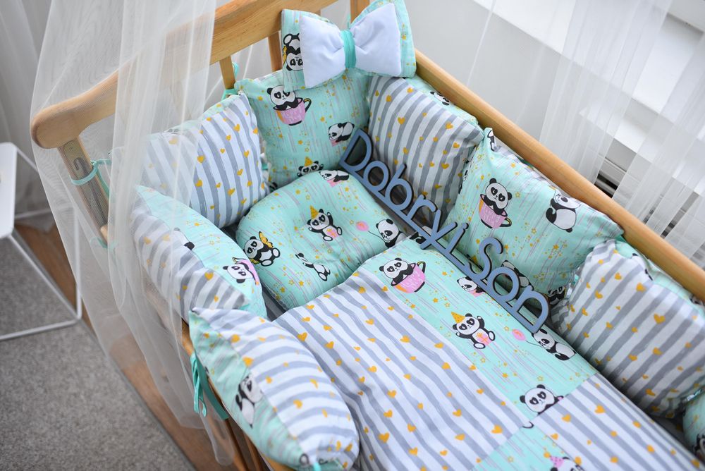 Детский спальный комплект 12 подушек Облачко Панда для новорожденного, без балдахина