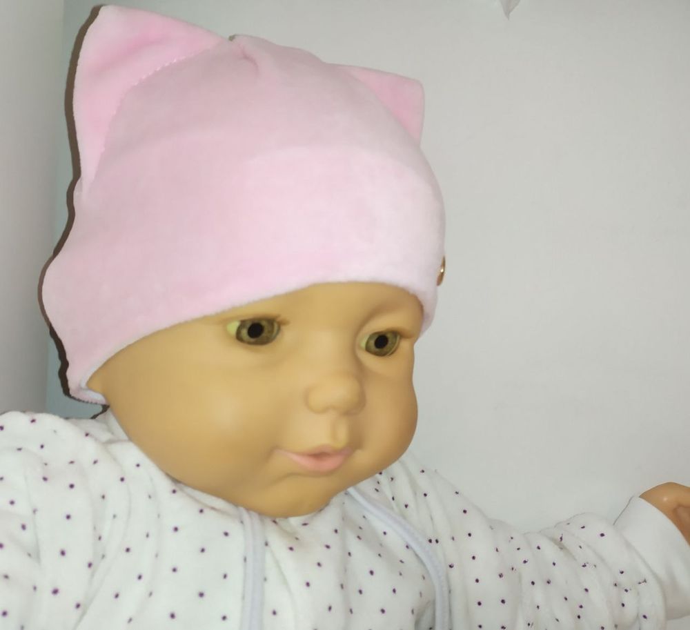 Шапочка для малышей на осень или прохладную весну Котята розовая, обхват головы 40 см, Велюр, Шапка