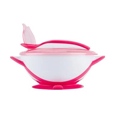 Тарелка на присоске с ложкой и крышкой "Кушаю Сама" розовая