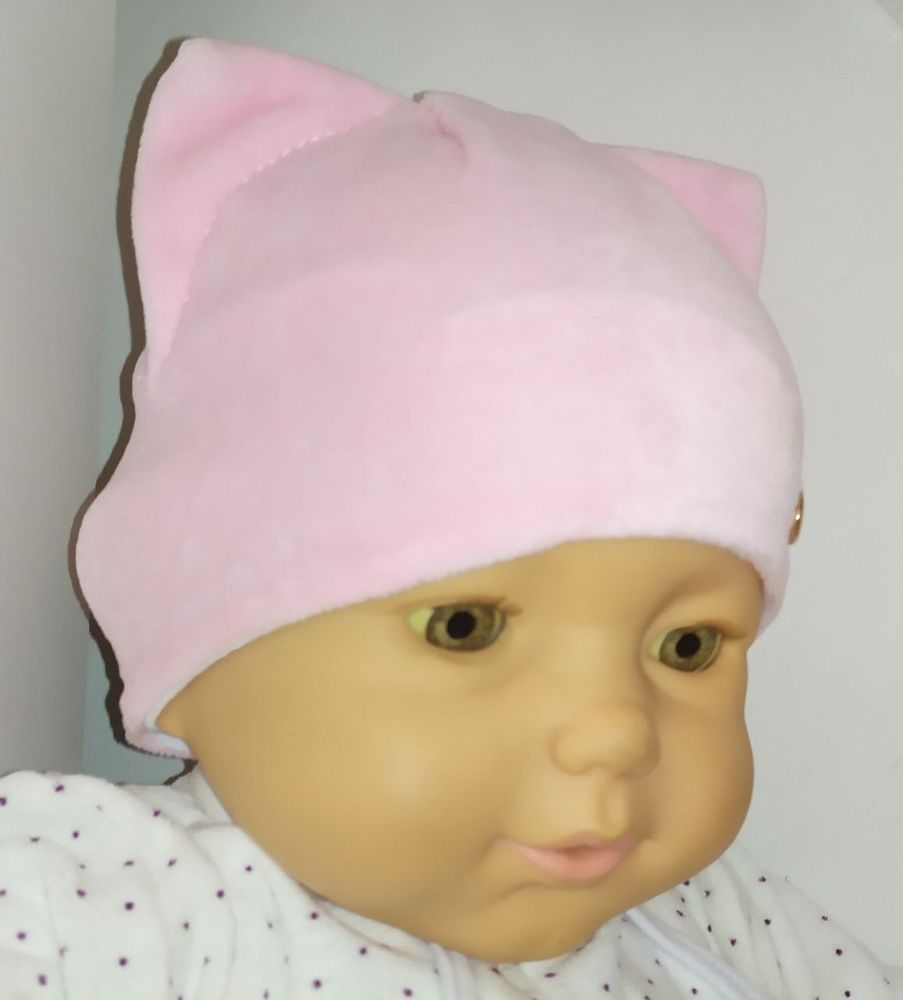 Шапочка для малышей на осень или прохладную весну Котята розовая, обхват головы 40 см, Велюр, Шапка
