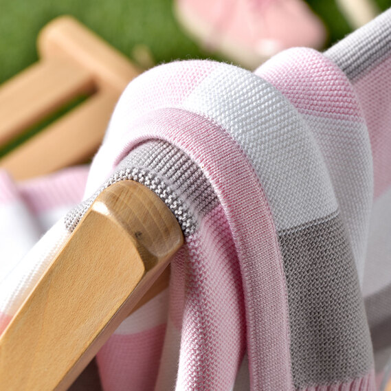 Хлопковый вязаный плед 70х90 для новорожденных розовая полоска, Вязаное полотно