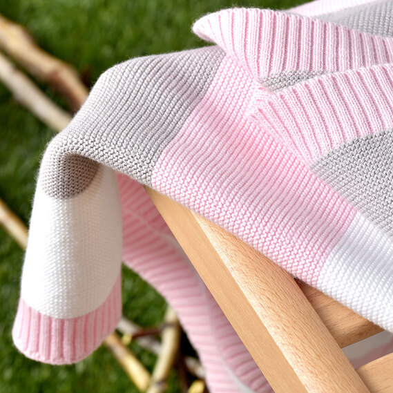 Хлопковый вязаный плед 70х90 для новорожденных розовая полоска, Вязаное полотно