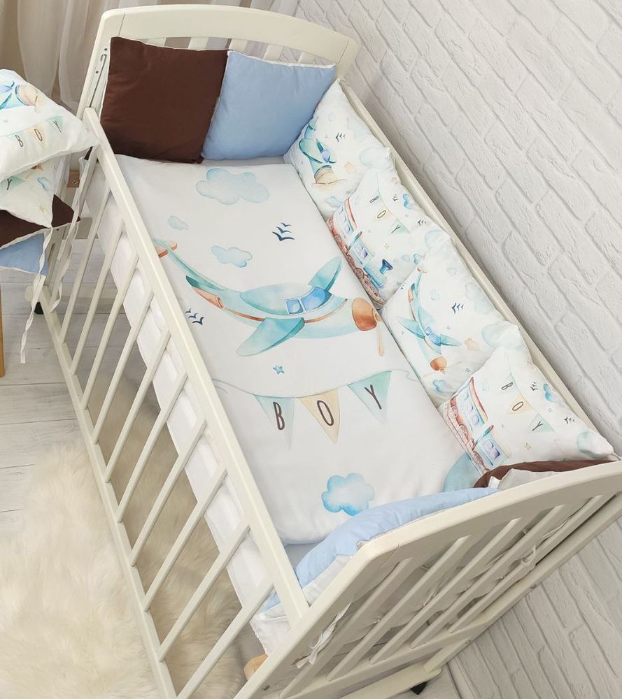 Дитячий постільний комплект у ліжечко для новонародженого з бортиками Літачок