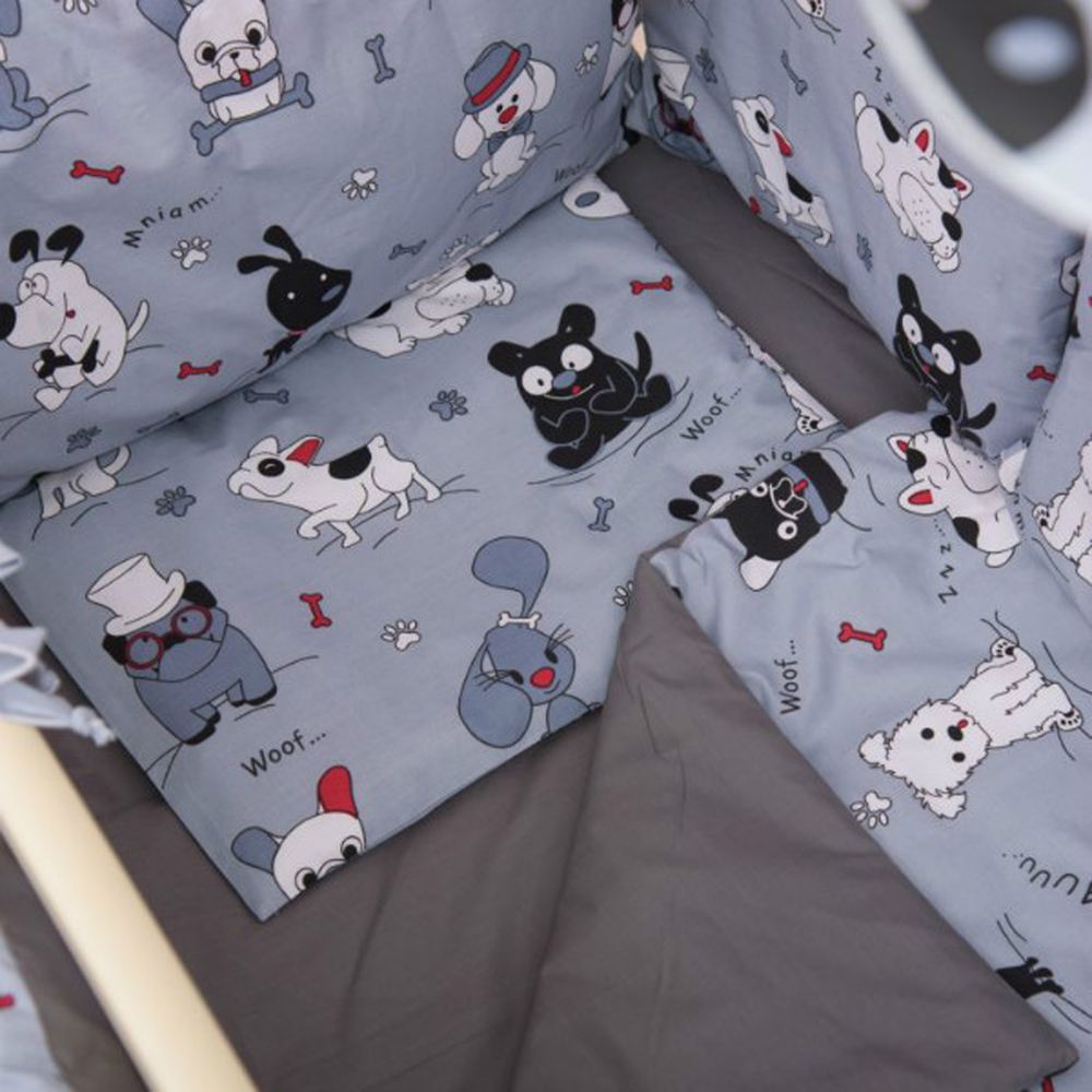 Комплект в детскую кроватку Веселі звірята 7 предметов серый, с балдахином