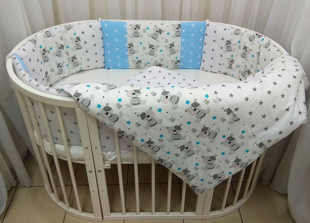 Комплект постельного белья в круглую-овальную кроватку с бортиками Мишутка голубой