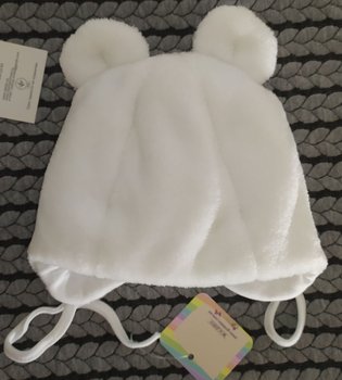 Плюшева зимова шапочка для новонароджених на виписку з пологового будинку СНІЖИНКА біла