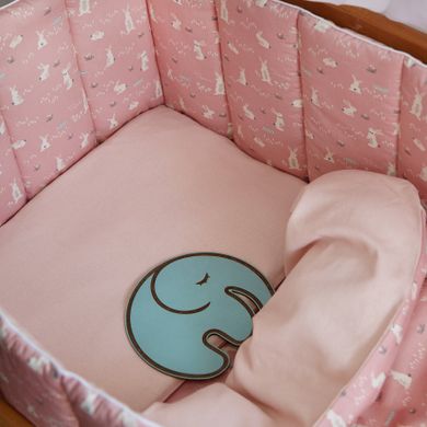 Сатин + Лен детский постельный комплект в кроватку Кролики пудра
