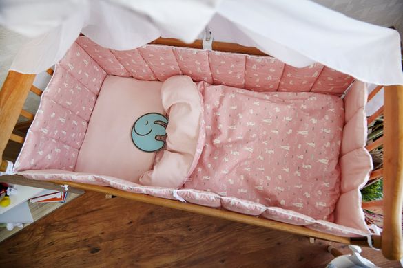 Сатин + Лен детский постельный комплект в кроватку Кролики пудра