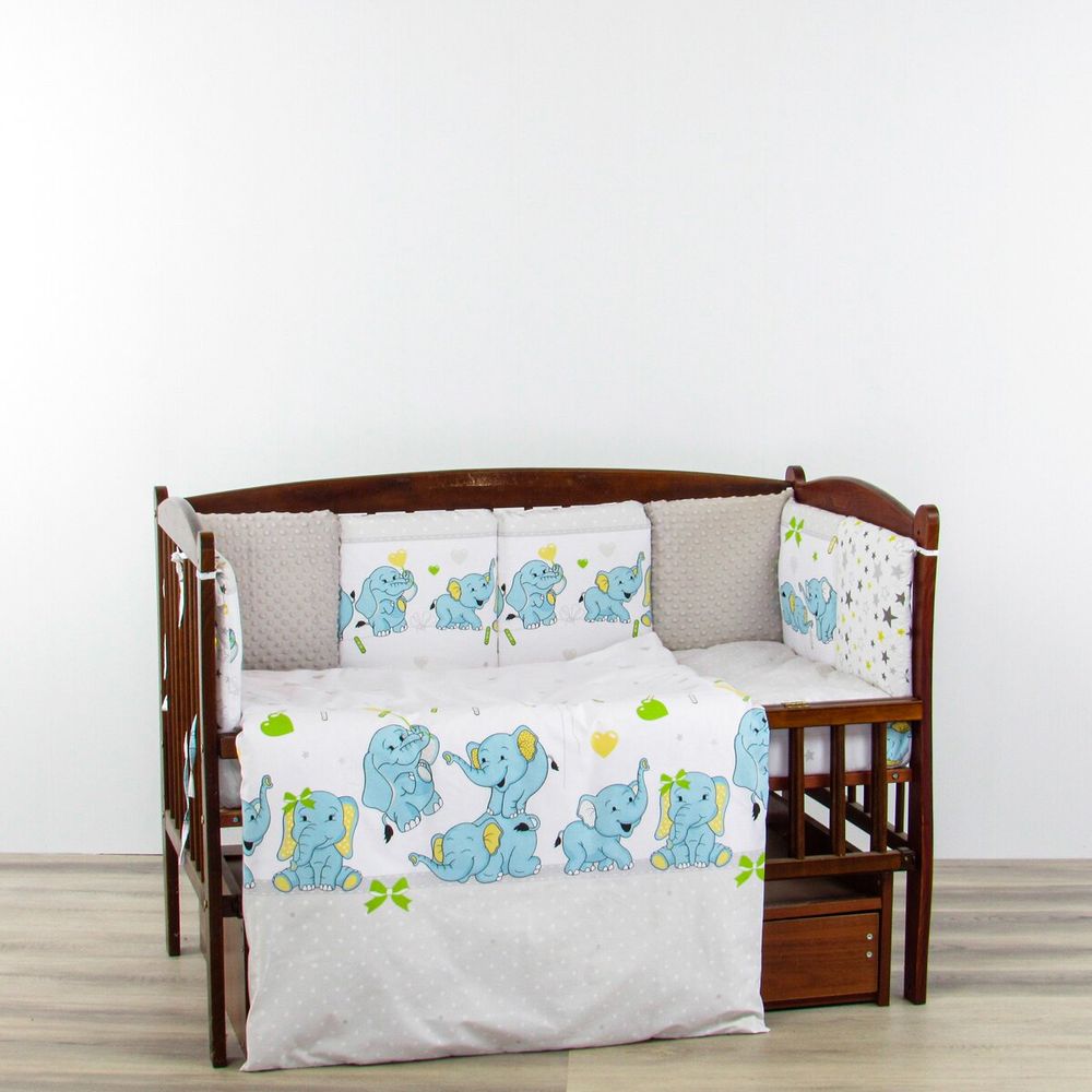 Большой детский спальный комплект в кроватку для новорожденных (120х60) Слоненя плюш из 11 элементов.