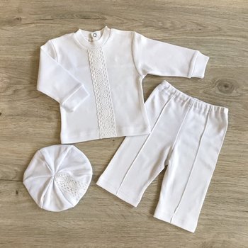 Святковий хрестильний комплект Натхнення білий для хлопчика 3 предмета: берет, штанці, сорочечка