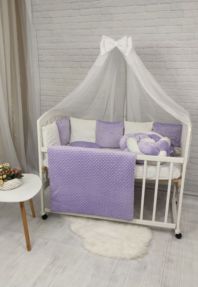 Детский постельный набор в кроватку для новорожденных с балдахином и бортиками Минки + бортики коса сиреневый