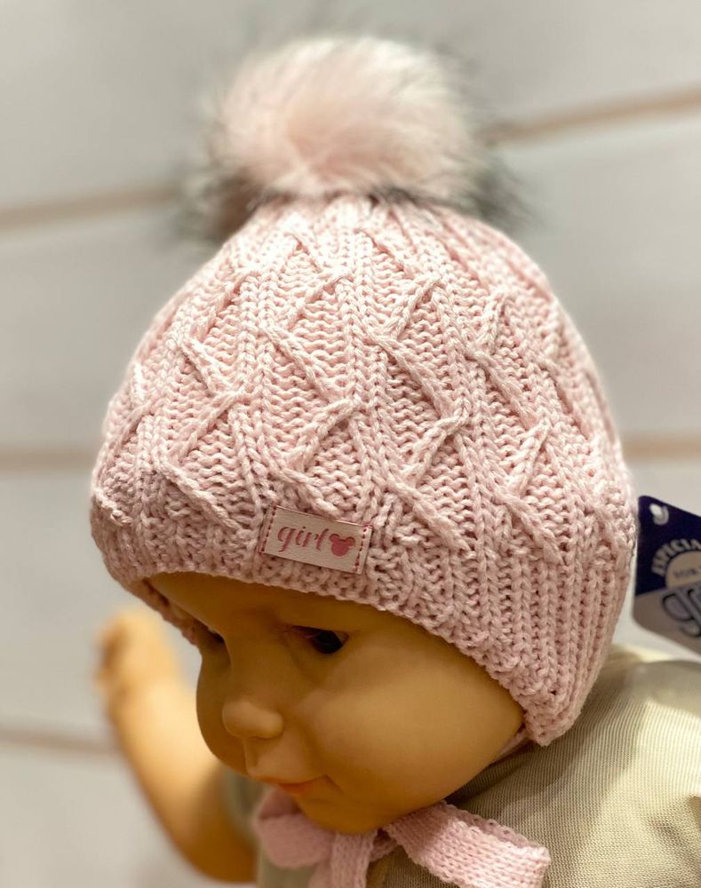 Зимняя шапка Паутинка для новорожденной светло - розовая, обхват головы 36 - 38 см, Вязка