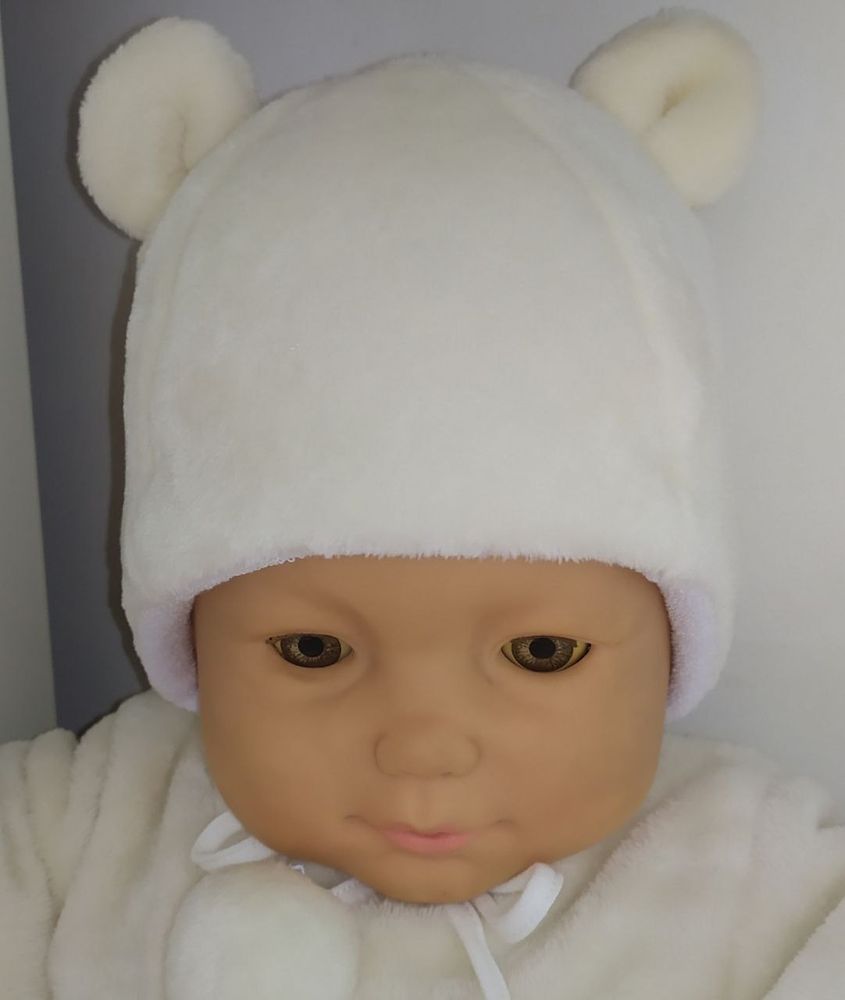 Зимова шапочка для новонароджених СНІЖИНКА молочна, обхват голови 38 см, Плюш