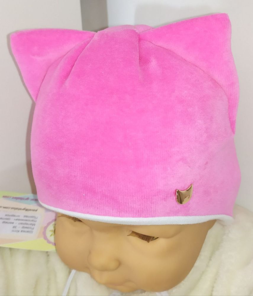Тепла велюрова шапочка на синтепоні для новонароджених КОТ малинова
