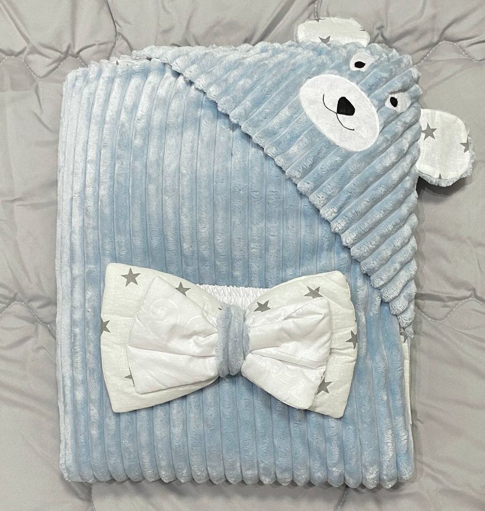 Плюшевый конверт одеяло с капюшоном Медвежонок серо голубой страйпс + бязь