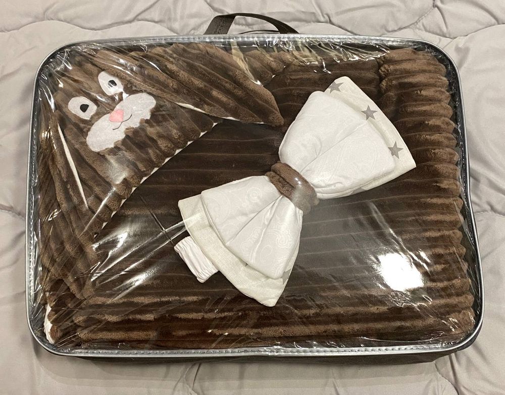 Плюшевый конверт одеяло с капюшоном Зайка шоколадный страйпс + бязь