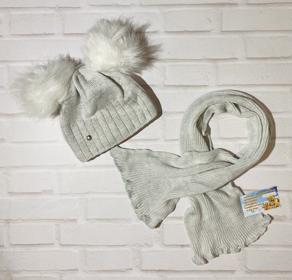 Зимняя шапка КОШКА-3 с помпонами + шарф, на флисе, обхват головы 50 - 52 см, Вязаное полотно