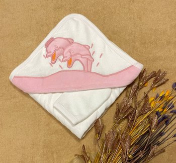 Махровий куточок для купання з рукавичкою Дельфінчики рожевий