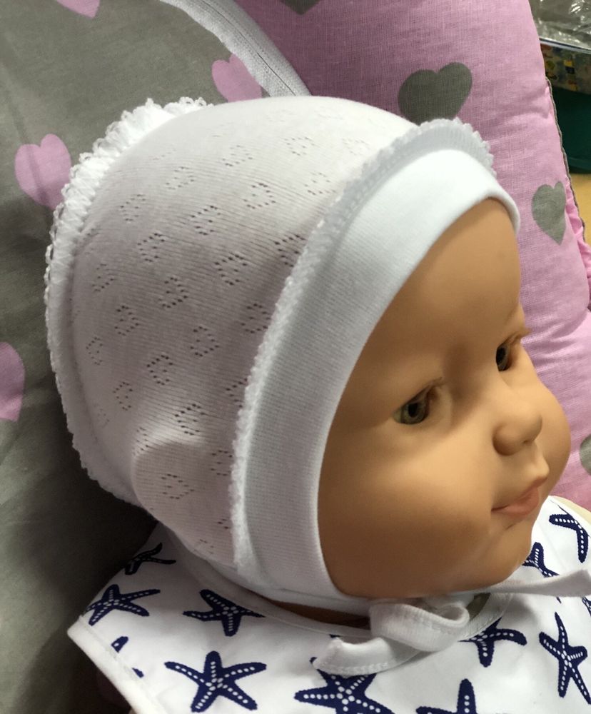 Шапочки для новонароджених дівчаток Серденька біла, обхват голови 36 см, Рібана, Шапка