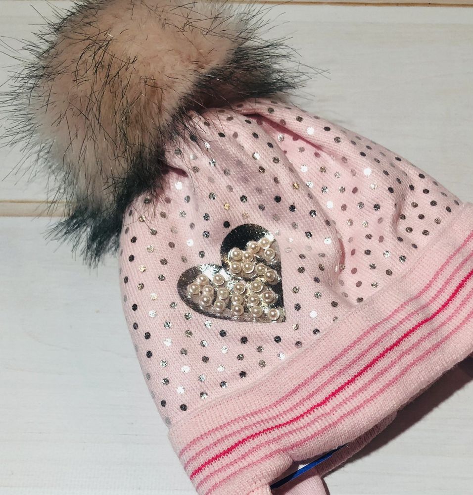 Тепла шапка ПЕРЛИННЕ СЕРЦЕ-1 для дівчинки + шарф, на термосінтепоне, обхват головы 42 - 44 см, В'язане полотно